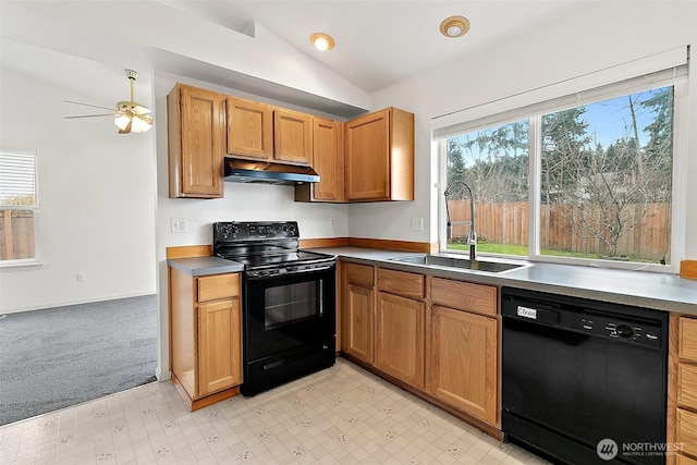 kitchen with under cabinet range hood, lofted ceiling, plenty of natural light, black appliances, and a sink