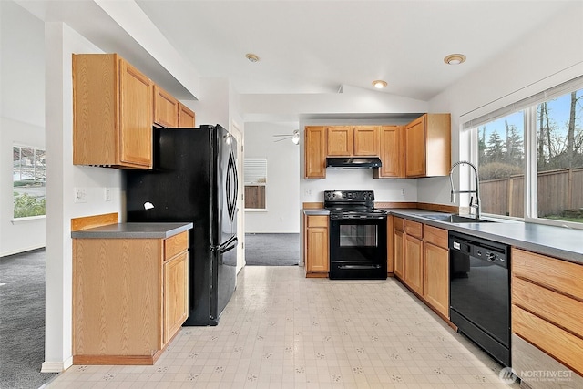 kitchen featuring under cabinet range hood, light floors, vaulted ceiling, black appliances, and a sink