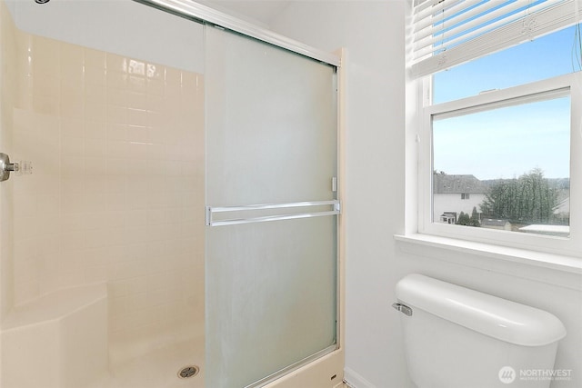 bathroom featuring a shower stall and toilet