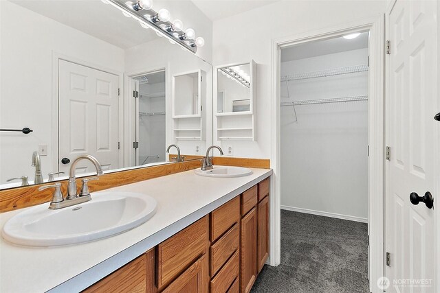 bathroom featuring a sink, baseboards, double vanity, and a spacious closet