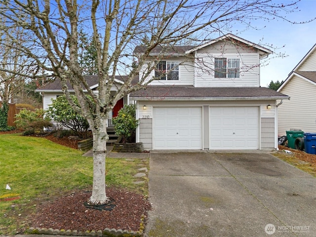 view of front of property with an attached garage, concrete driveway, a front yard, and roof with shingles