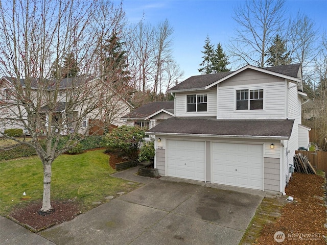 view of front of house with a garage, concrete driveway, a front yard, and a shingled roof