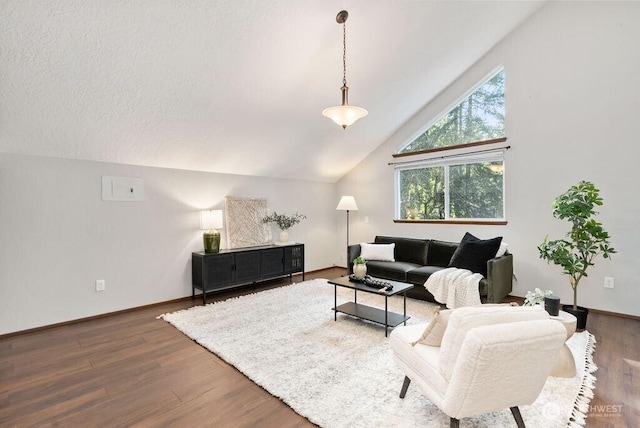 living room with baseboards, a textured ceiling, wood finished floors, and vaulted ceiling