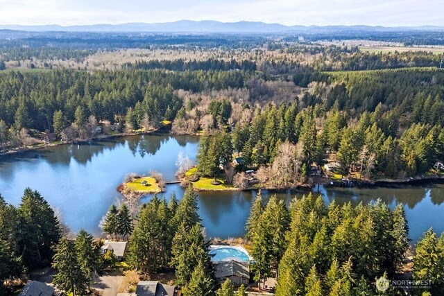 birds eye view of property featuring a view of trees and a water view