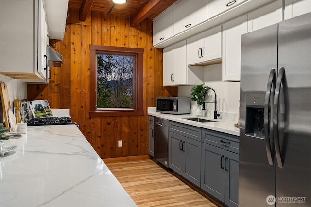 kitchen featuring gray cabinets, a sink, beam ceiling, wooden walls, and appliances with stainless steel finishes