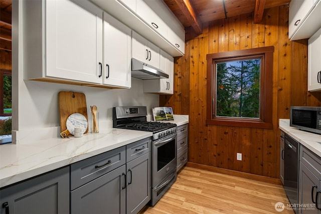 kitchen featuring wood walls, stainless steel appliances, under cabinet range hood, gray cabinetry, and beam ceiling