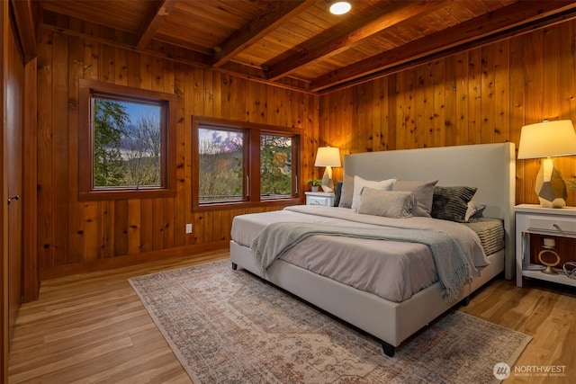 bedroom featuring light wood-style flooring, wood ceiling, and beam ceiling