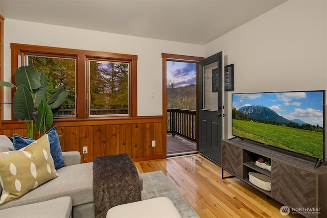 living room with hardwood / wood-style floors, a wainscoted wall, and wooden walls