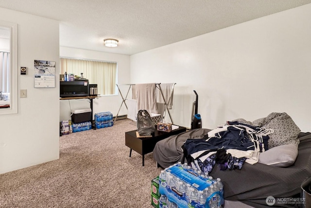 playroom with carpet and a textured ceiling