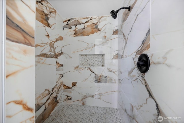 interior details featuring a marble finish shower