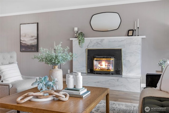 living area featuring a fireplace, wood finished floors, and crown molding