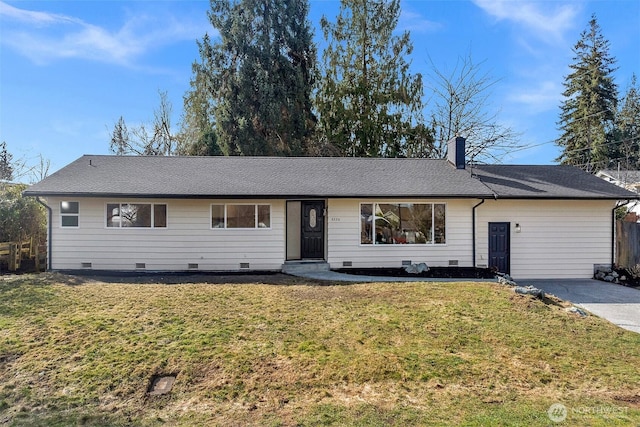 single story home with a shingled roof, a front lawn, a chimney, and crawl space