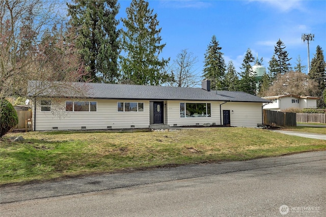 single story home featuring crawl space, a chimney, a front yard, and fence