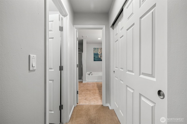 hall with carpet and a textured wall