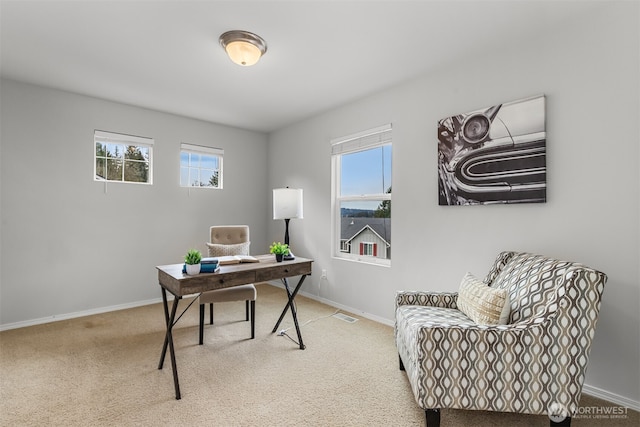 office space with plenty of natural light, baseboards, visible vents, and carpet floors