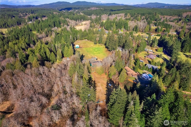 drone / aerial view with a mountain view and a wooded view