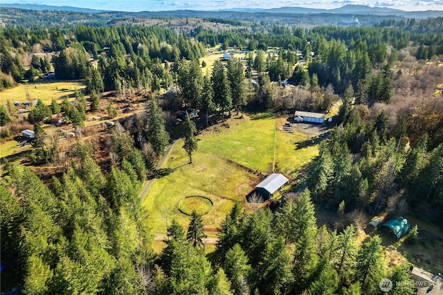 aerial view with a mountain view and a wooded view