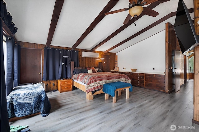 bedroom with vaulted ceiling with beams, wood finished floors, wood walls, and a wall mounted AC