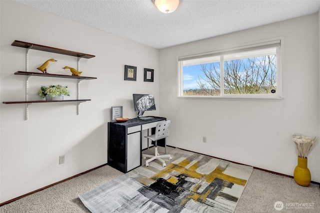 interior space featuring light colored carpet, a textured ceiling, and baseboards