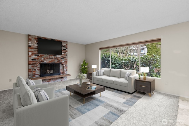 living area with a brick fireplace, a textured ceiling, and baseboards