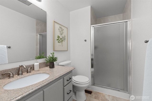 bathroom with visible vents, vanity, toilet, and a shower stall