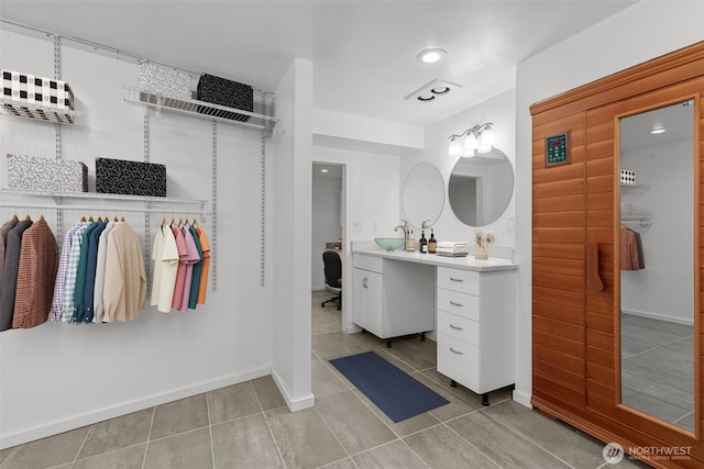 full bath featuring recessed lighting, baseboards, vanity, and tile patterned flooring