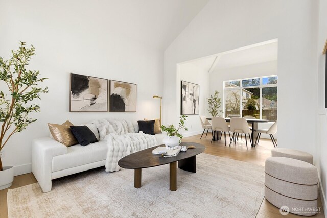 living area with baseboards, high vaulted ceiling, and wood finished floors