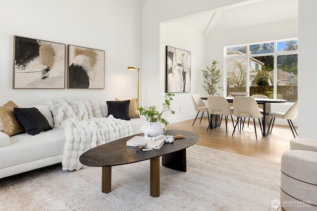 living area featuring baseboards and wood finished floors