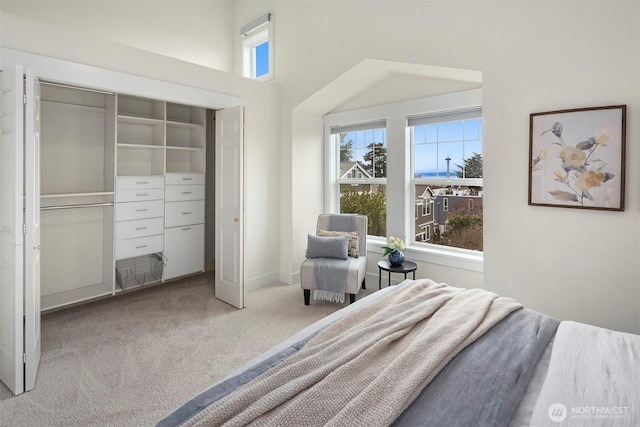 bedroom featuring a closet, baseboards, and carpet floors