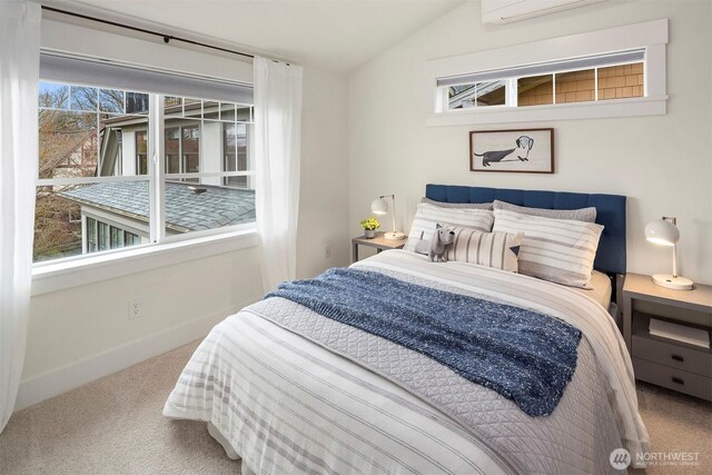 bedroom featuring baseboards, multiple windows, carpet flooring, and vaulted ceiling