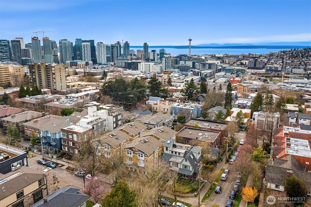 aerial view featuring a city view and a water view