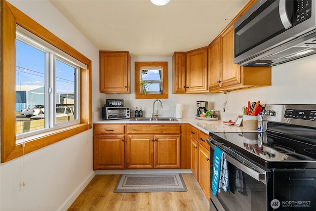 kitchen featuring light wood-type flooring, a sink, appliances with stainless steel finishes, brown cabinetry, and light countertops