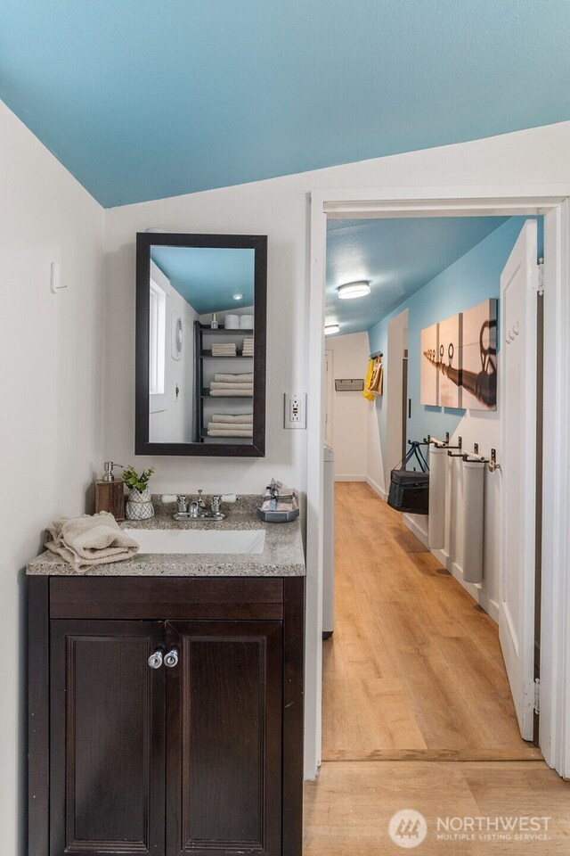 bathroom with vanity and wood finished floors