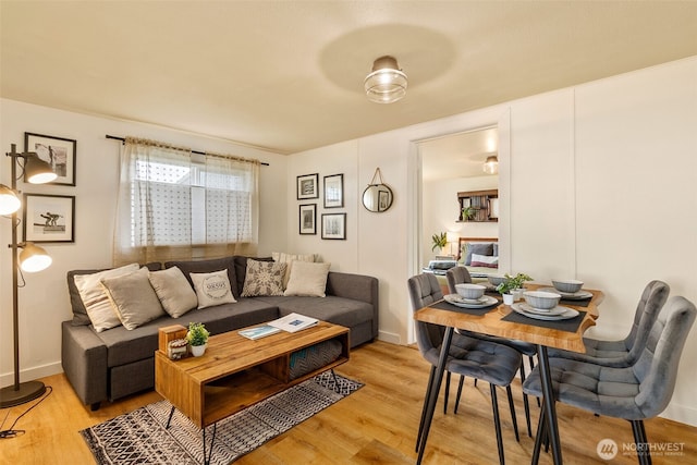 living area featuring baseboards and light wood finished floors