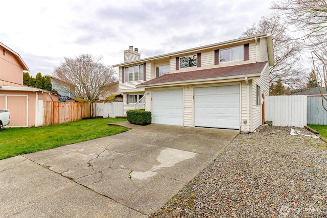 view of front of home with a front lawn, fence, concrete driveway, a chimney, and a garage