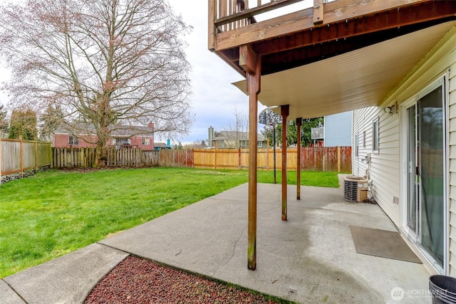 view of patio featuring a fenced backyard and central AC