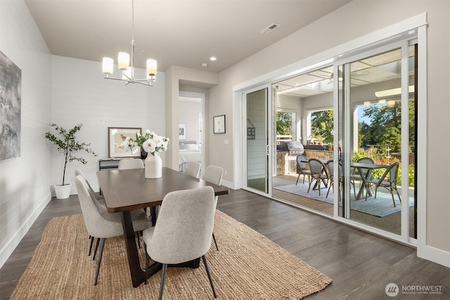 dining area with visible vents, recessed lighting, baseboards, a chandelier, and dark wood-style flooring