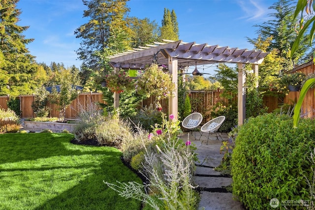 view of yard featuring a fenced backyard and a pergola