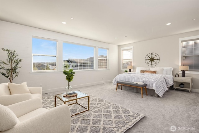 carpeted bedroom with recessed lighting and baseboards