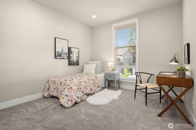 bedroom featuring carpet flooring, recessed lighting, and baseboards