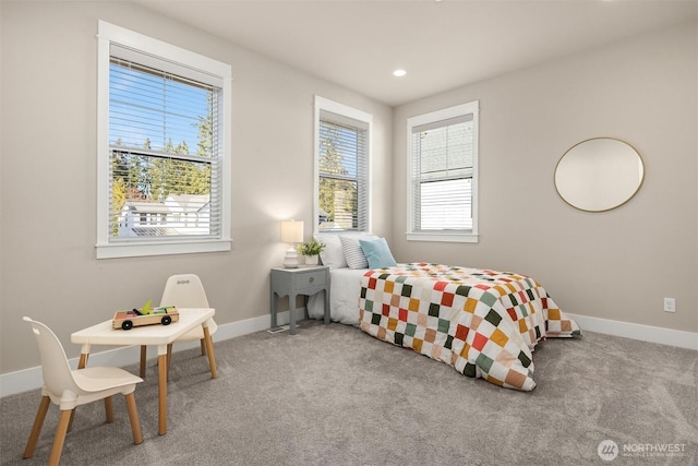 bedroom with recessed lighting, baseboards, and carpet