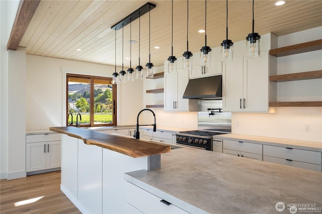 kitchen with open shelves, high end range, wood ceiling, and under cabinet range hood