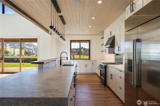 kitchen with under cabinet range hood, wood ceiling, recessed lighting, high end appliances, and a sink