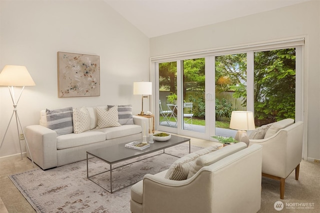 living area with baseboards and lofted ceiling