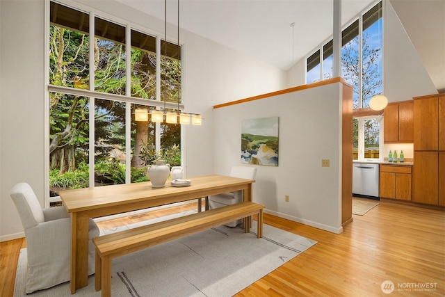 dining area featuring baseboards, light wood-type flooring, and high vaulted ceiling