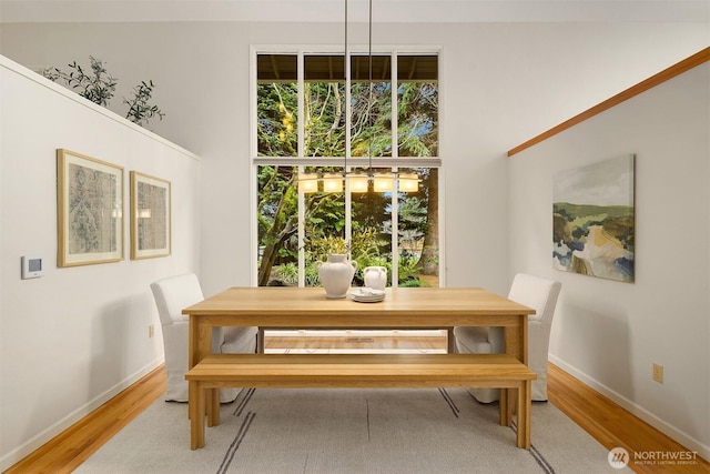 dining area with baseboards and wood finished floors