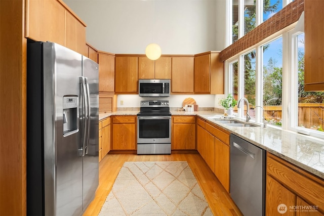 kitchen featuring a healthy amount of sunlight, appliances with stainless steel finishes, light wood-style flooring, and a sink