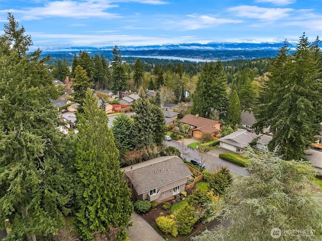 aerial view with a mountain view and a wooded view