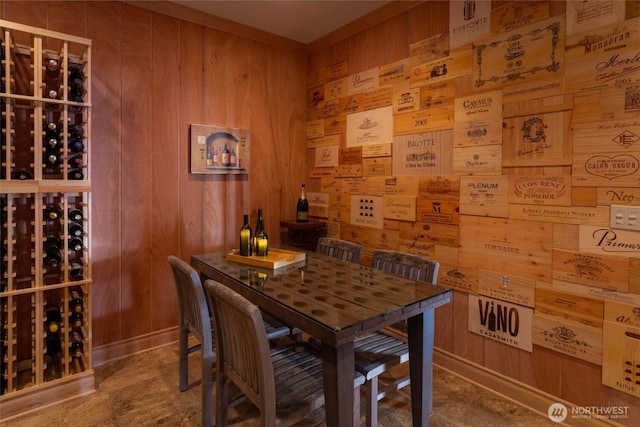 wine room featuring wood walls