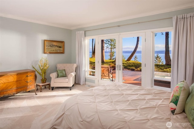 bedroom featuring crown molding, access to outside, and light colored carpet